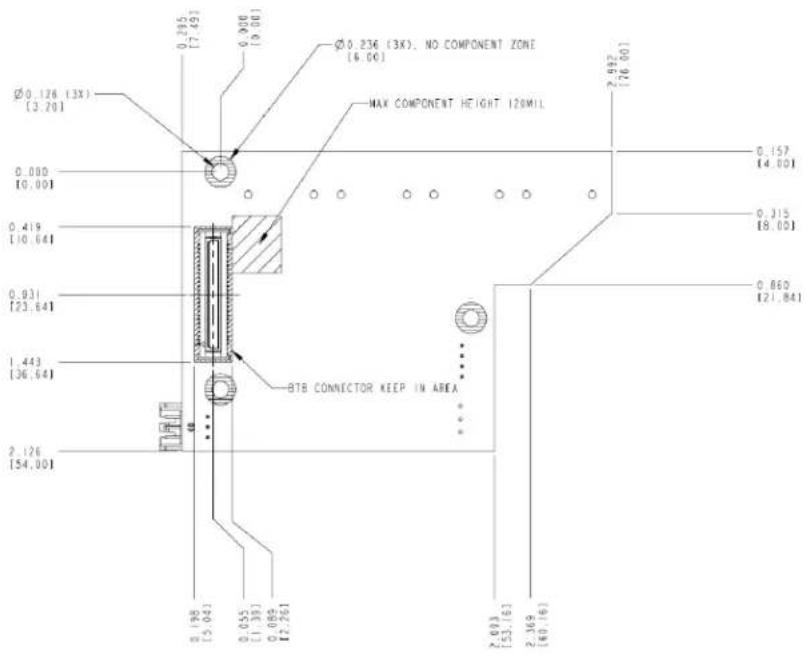Ø0.128 (3X) [3.20] Ø0.236 (3X), NO COMPONENT ZONE [6.00] MAX COMPONENT HEIGHT 120MIL 2.497 [76.00] 0.157 [4.00] 0.315 [8.00] 0.931 [23.64] 0.419 [10.64] 0.000 [0.00] 0.931 [23.64] 1.443 [36.64] BTB CONNECTOR KEEP IN AREA 2.126 [54.00] 0.198 [5.04] 0.055 [1.39] 0.089 [2.261] 2.093 [53.16] 2.369 [60.16]