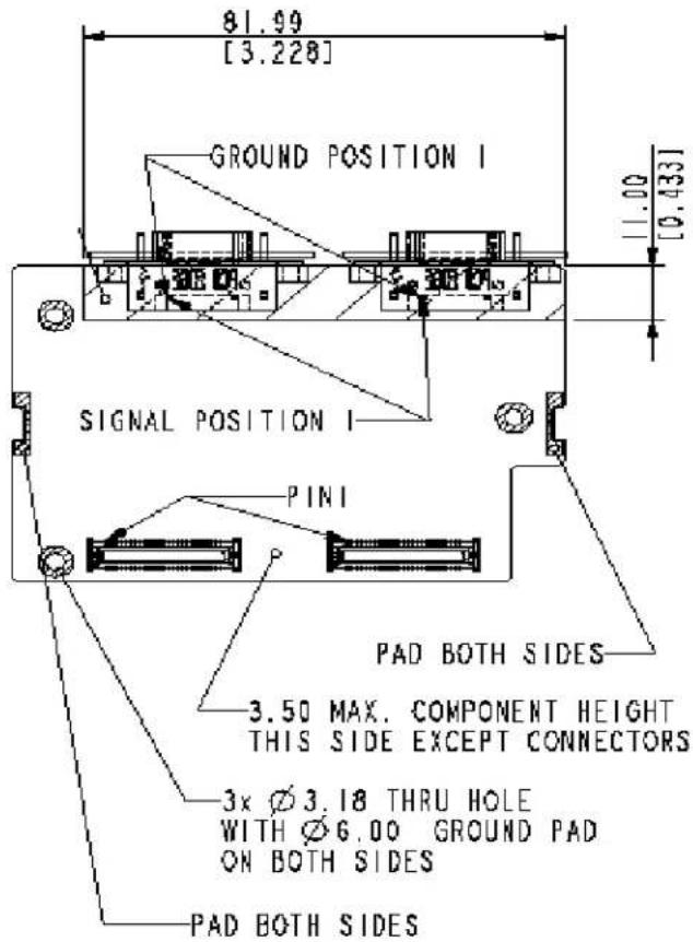 81.99 [3.228] GROUND POSITION I 11.00 [0.433] SIGNAL POSITION I PINI PAD BOTH SIDES 3.50 MAX. COMPONENT HEIGHT THIS SIDE EXCEPT CONNECTORS 3x Ø 3.18 THRU HOLE WITH Ø 6.00 GROUND PAD ON BOTH SIDES PAD BOTH SIDES