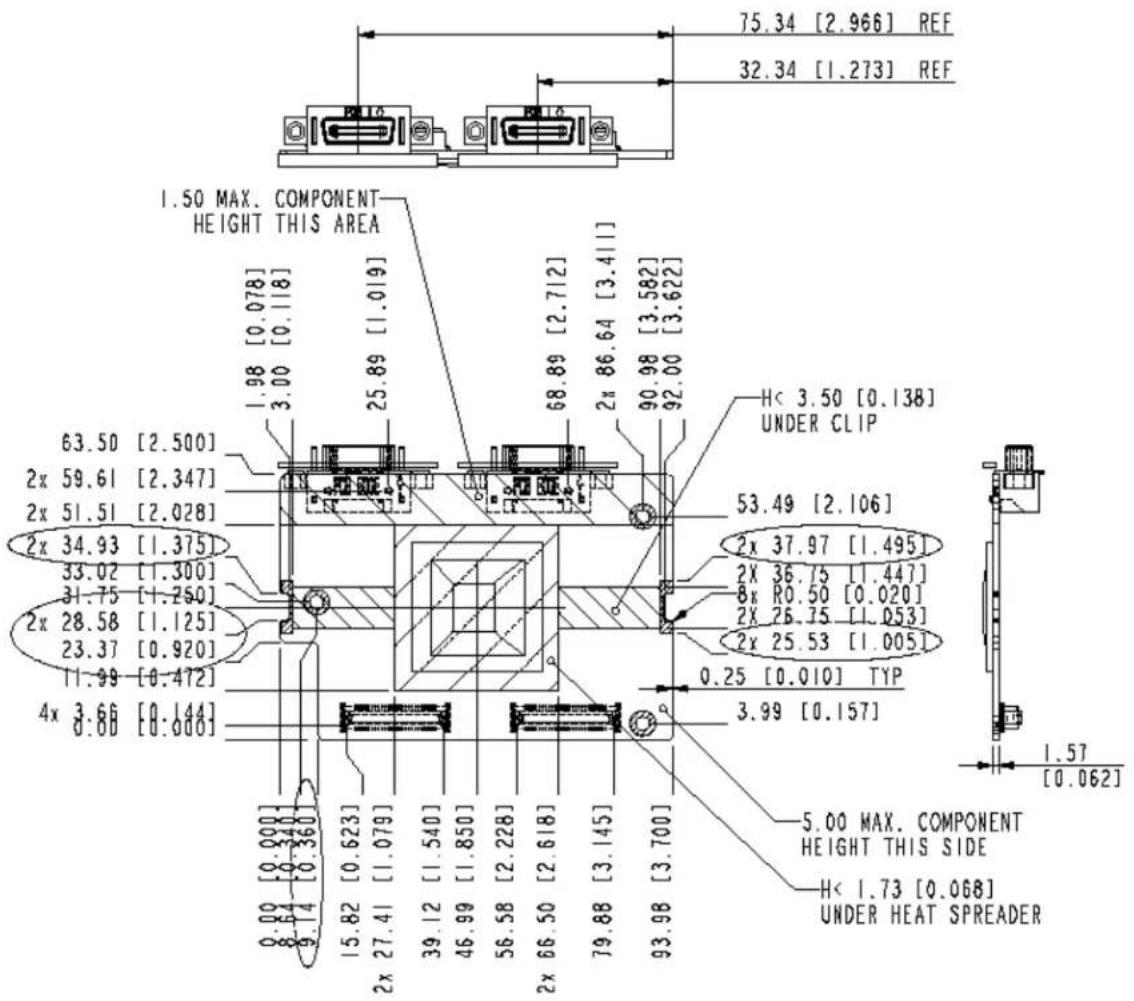 75.34 [2.966] REF 32.34 [1.273] REF 1.50 MAX. COMPONENT HEIGHT THIS AREA 63.50 [2.500] 2x 59.61 [2.347] 2x 51.51 [2.028] 2x 34.93 [1.375] 33.02 [1.300] 31.75 [1.250] 2x 28.58 [1.125] 23.37 [0.920] 11.99 [0.472] 4x 3.66 [0.144] 0.86 [0.000] 0.00 [0.000] 8.64 [0.340] 9.14 [0.360] 15.82 [0.623] 2x 27.41 [1.079] 39.12 [1.540] 46.99 [1.850] 56.58 [2.228] 66.50 [2.618] 79.88 [3.145] 93.98 [3.700] 68.89 [2.712] 2x 86.64 [3.411] 90.98 [3.582] 92.00 [3.622] H< 3.50 [0.138] UNDER CLIP 53.49 [2.106] 2x 37.97 [1.495] 2x 36.75 [1.447] 8x R0.50 [0.020] 2x 26.75 [1.053] 2x 25.53 [1.005] 0.25 [0.010] TYP 3.99 [0.157] 1.57 [0.062] 5.00 MAX. COMPONENT HEIGHT THIS SIDE H< 1.73 [0.068] UNDER HEAT SPREADER