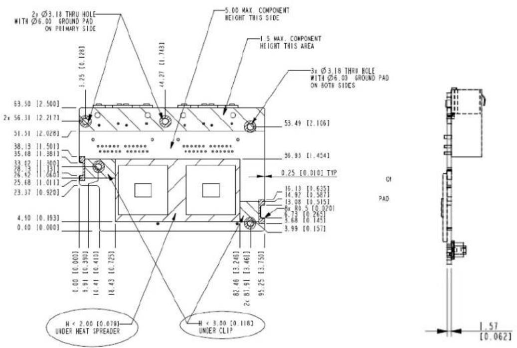 2x Ø3.18 THRU HOLE WITH Ø6.00 GROUND PAD ON PRIMARY SIDE 5.00 MAX. COMPONENT HEIGHT THIS SIDE 1.5 MAX. COMPONENT HEIGHT THIS AREA 3x Ø3.18 THRU HOLE WITH Ø6.00 GROUND PAD ON BOTH SIDES 53.49 [2.106] 30.93 [1.454] 0.25 [0.010] TIP 10.13 [0.635] 14.97 [0.587] 13.08 [0.515] 8x R0.5 [0.070] 6.73 [0.265] 3.68 [0.145] 3.99 [0.157] H < 2.00 [0.079] UNDER HEAT SPREADER H < 3.00 [0.116] UNDER CLIP 1.57 [0.062]