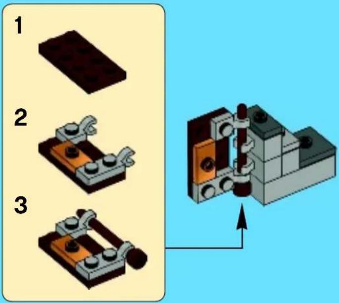 Diagram showing three mechanical assembly steps with numbered components and a 3D mechanical assembly diagram.