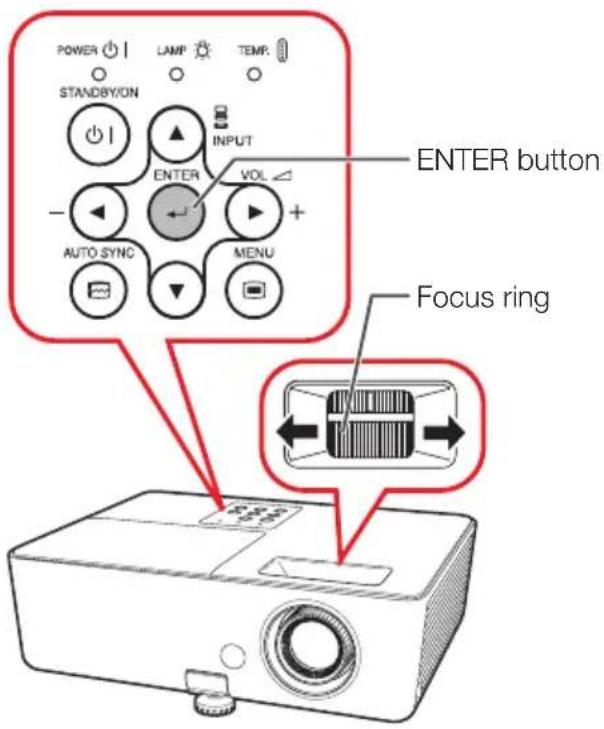 POWER STANDBY/ON LAMP TEMP. INPUT ENTER VOL AUTO SYNC MENU ENTER button Focus ring