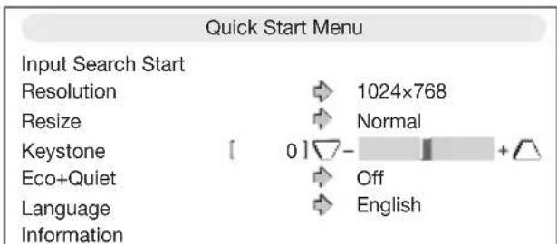 Quick Start Menu Input Search Start Resolution Resize Keystone Eco+Quiet Language Information 1024×768 Normal 0 Off English