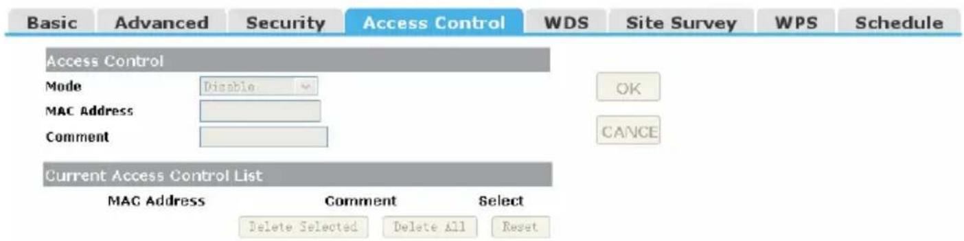 Basic Advanced Security Access Control WDS Site Survey WPS Schedule Access Control Mode Disable MAC Address Comment Current Access Control List MAC Address Comment Select Delete Selected Delete All Reset