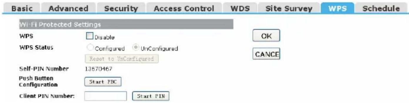 Basic Advanced Security Access Control WDS Site Survey WPS Schedule Wi-Fi Protected Settings WPS Disable WPS Status Configured UnConfigured Reset to UnConfigured Self-PIN Number 13670467 Push Button Start PBC Configuration Client PIN Number: Start PIN