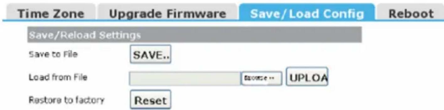 Time Zone Upgrade Firmware Save/Load Config Reboot Save/Reload Settings Save to File SAVE.. Load from File Browse UPLOA Restore to factory Reset