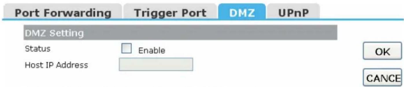 Port Forwarding Trigger Port DMZ UPnP DMZ Setting Status Enable Host IP Address OK CANCE