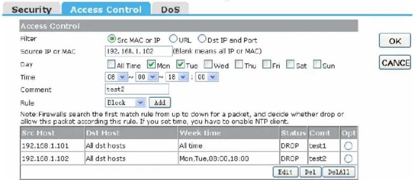 Security Access Control DoS Access Control Filter Src MAC or IP URL Dst IP and Port Source IP or MAC 192.168.1.102 (Blank means all IP or MAC) Day All Time Mon Tue Wed Thu Fri Sat Sun Time 08 ~ 00 ~ 18 ; 00 Comment test2 Rule Block Add Note: Firewalls search the first match rule from up to down for a packet, and decide whether drop or allow this packet according this rule. If you set time, you have to enable NTP client. Src Host Dst Host Week time Status Comt Opt 192.168.1.101 All dst hosts All time DROP test1 192.168.1.102 All dst hosts Mon,Tue,08:00,18:00 DROP test2 Edit Del DelAll