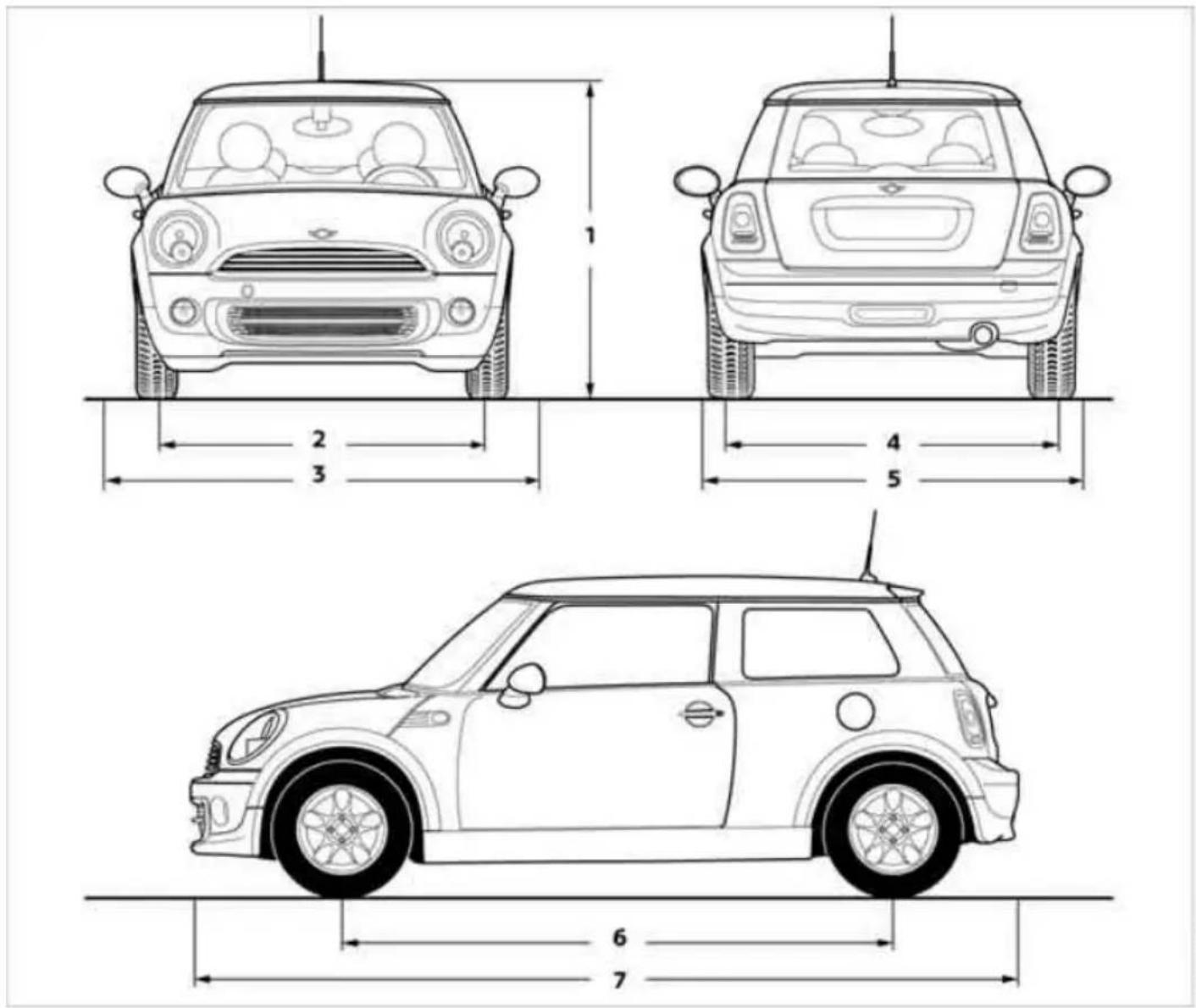 Technical line drawings of a Mini Cooper car with dimension annotations in millimeters