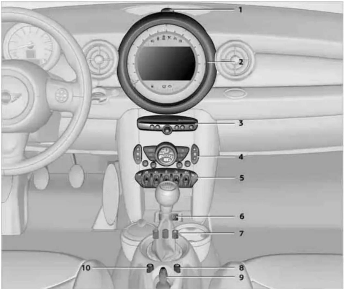 Diagram of car interior with numbered parts for identification and assembly reference