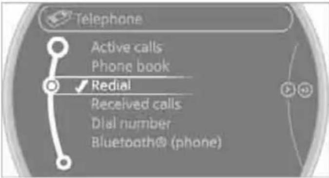 Telephone Active calls Phone book ✓ Redial Received calls Dial number Bluetooth® (phone)