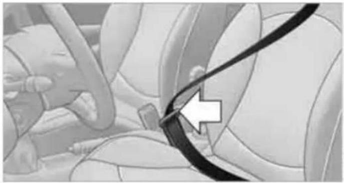Close-up of a car's seatbelt with a black bandage and arrow pointing to the seat (no text or symbols visible)
