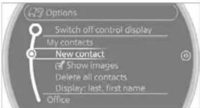 Options Switch off control display My contacts New contact Show images Delete all contacts Display: last, first name Office