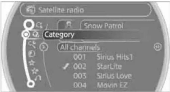 Satellite radio Snow Patrol Category All channels 001 Sirius Hits1 002 StarLite 003 Sirius Love 004 Movin EZ