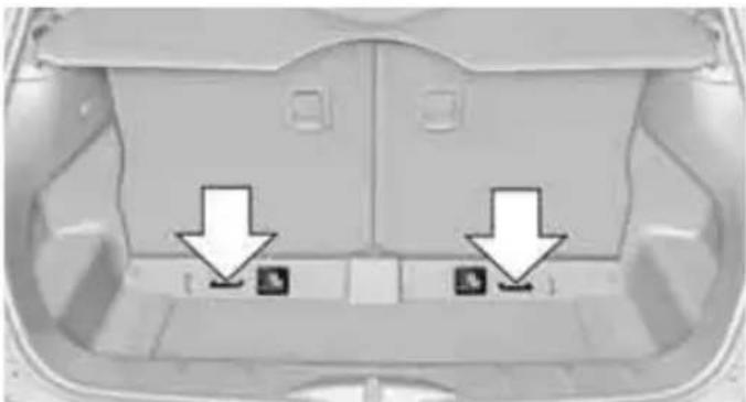 Top-down view of a car backrest with two white arrows pointing to a small black button on the rear panel (no text or symbols visible)