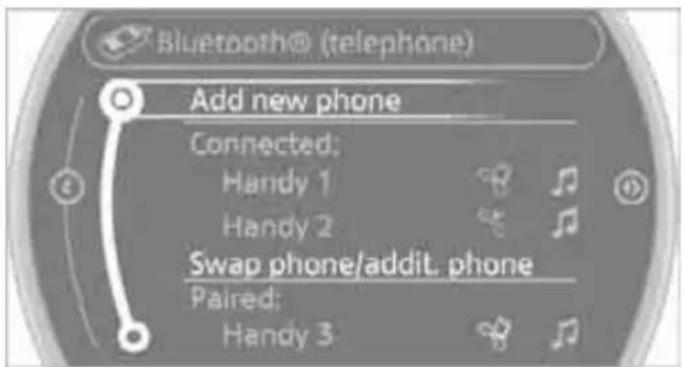 Bluetooth® (telephone) Add new phone Connected: Handy 1 Handy 2 Swap phone/addit. phone Paired: Handy 3