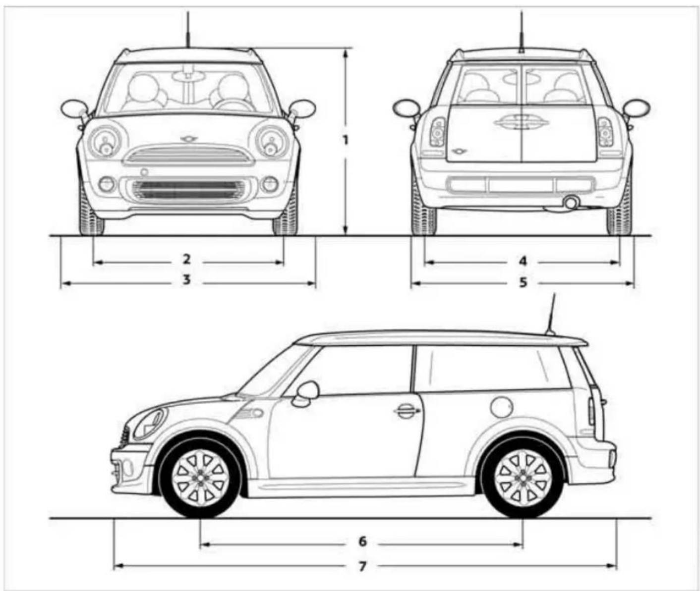 Technical line drawings of a Mini Cooper car with dimension annotations in millimeters