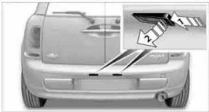 Front view of a car with visible side stripes and a magnified inset showing a numbered section (no text or symbols)