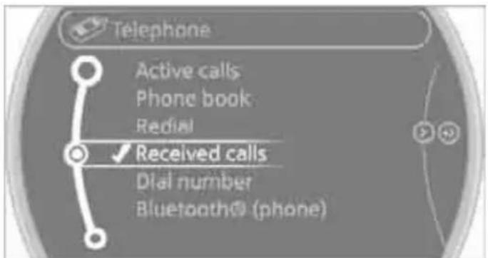 Telephone Active calls Phone book Redial Received calls Dial number Bluetooth® (phone)
