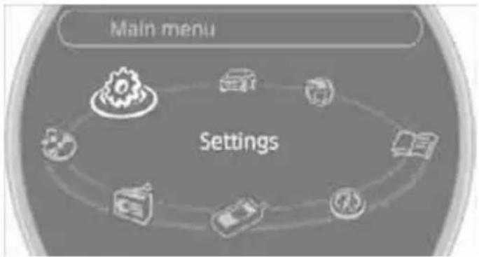graph TD A["Main menu"] --> B["Settings"] B --> C["Device Icon"] B --> D["Tools Icon"] B --> E["Document Icon"] B --> F["Mobile Phone Icon"] B --> G["Car Icon"]