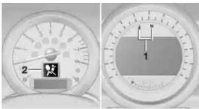 Medical imaging display showing a dial with measurement scale and labeled component '2', alongside a magnified view of the dial with measurement arrows and numbered marker '1'.