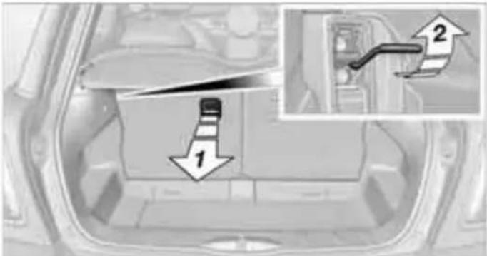 Diagram showing a vehicle interior with labeled parts and directional arrows, including numbered annotations 1 and 2.