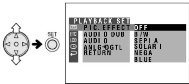 PLAYBACK SET PIC. EFFECT OFF AUDIO DUB B/W AUDIO SEPIA ANLG+DGTL SOLARI RETURN NEGA BLUE
