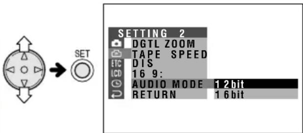 SETTING 2 DGTL ZOOM TAPE SPEED DIS 16 9: AUDIO MODE 1 2 bit RETURN 1 6 bit