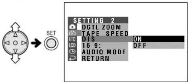 SETTING 2 DGTL ZOOM TAPE SPEED DIS ON 16 9: AUDIO MODE RETURN