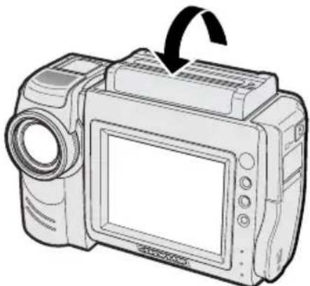 Line drawing of a digital camera with an arrow indicating rotation (no text or symbols)