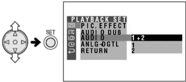 PLAYBACK SET PIC. EFFECT AUDIO DUB AUDIO 1 +2 ANLG-DGTL 1 RETURN 2