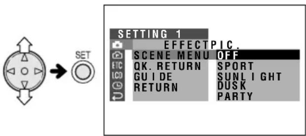 SETTING 1 EFFECT: PIC. SCENE MENU: OFF QK. RETURN: SPORT GUIDE: SUNLIGHT RETURN: DUSK PARTY