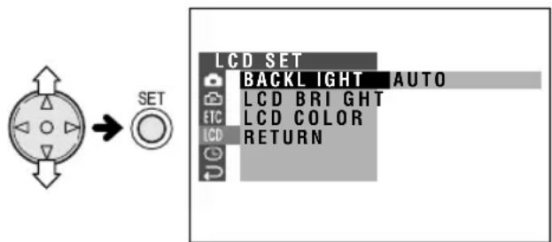 LCD SET BACKLIGHT AUTO LCD BRIGHT LCD COLOR RETURN