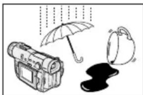 Illustration of a vintage camera with an umbrella, a phone, and a dark puddle under rain (no text or symbols).