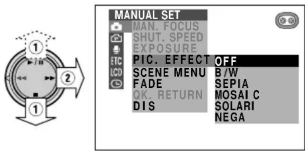 MANUAL SET MAN. FOCUS SHUT. SPEED EXPOSURE PIC. EFFECT OFF SCENE MENU B/W FADE SEPIA OK. RETURN MOSAIC DIS SOLARI NEGA