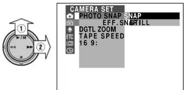 CAMERA SET PHOTO SNAP SNAP EFF.SNASHILL DGTL ZOOM TAPE SPEED 16:9: