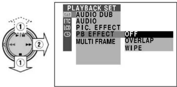 PLAYBACK SET AUDIO DUB AUDIO PIC. EFFECT PB EFFECT MULTI FRAME OFF OVERLAP WIPE