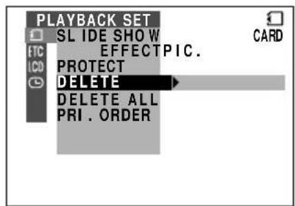 PLAYBACK SET, SLIDE SHOW, EFFECT PIC., PROTECT, DELETE, DELETE ALL, PRI. ORDER, CARD