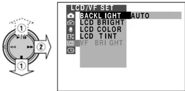 LCD/VF SET BACKL LIGHT AUTO LCD BRIGHT LCD COLOR ETC LCD TINT LCD VF BRIGHT