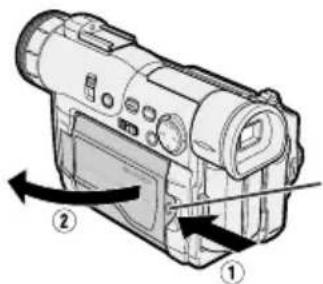 Diagram of a digital camera with labeled parts and directional arrows indicating motion or assembly.