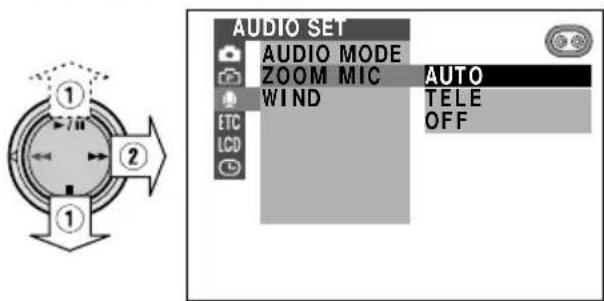 AUDIO SET AUDIO MODE ZOOM MIC WIND AUTO TELE OFF
