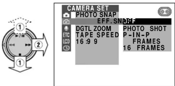 CAMERA SET PHOTO SNAP EFF.SN DGTL ZOOM TAPE SPEED 16:9 9 PHOTO SHOT P-IN-P FRAMES 16 FRAMES
