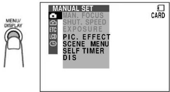 MANUAL SET: MAN. FOCUS, SHUT. SPEED, EXPOSURE, PIC. EFFECT, SCENE MENU, SELF TIMER, DIS