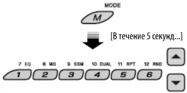 MODE M [В течение 5 секунд...] 7 EQ 8 MO 9 SSM 10 DUAL 11 RPT 12 RND 1 2 3 4 5 6