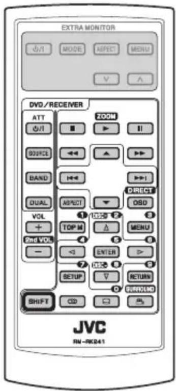 EXTRA MONITOR OFF MODE AFFECT MENU V DVD/RECEIVER ATT ZOOM OFF SOURCE BAND DUAL VOL + 2nd VOL - SHIFT CD JVC RN-RK241