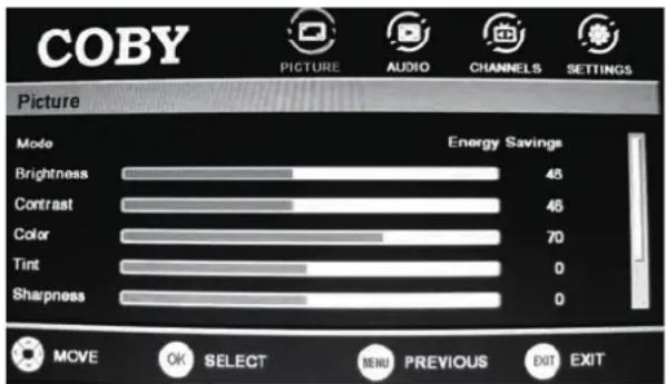 COBY PICTURE AUDIO CHANNELS SETTINGS Picture Mode Energy Savings Brightness 45 Contrast 45 Color 70 Tint 0 Sharpness 0 MOVE OK SELECT MENU PREVIOUS EXIT EXIT