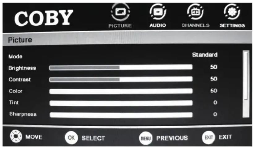 COBY PICTURE AUDIO CHANNELS SETTINGS Picture Mode Standard Brightness 50 Contrast 50 Color 50 Tint 0 Sharpness 0 MOVE OK SELECT MENU PREVIOUS EXIT EXIT