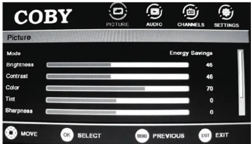 COBY PICTURE AUDIO CHANNELS SETTINGS Picture Mode Energy Savings Brightness 46 Contrast 46 Color 70 Tint 0 Sharpness 0 MOVE OK SELECT MENU PREVIOUS EXIT EXIT