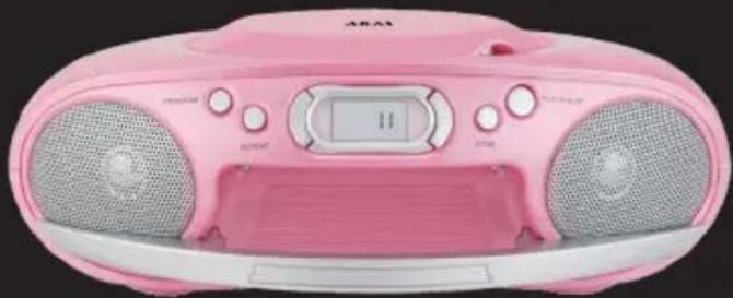 Pink and white portable radio device with two speakers and a digital display (no visible text or symbols)