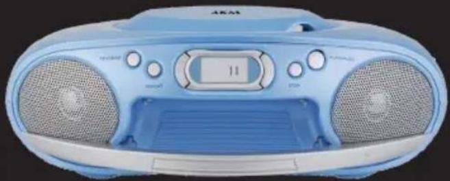Blue and white portable electronic device with speaker grille and control buttons (no visible text or symbols)